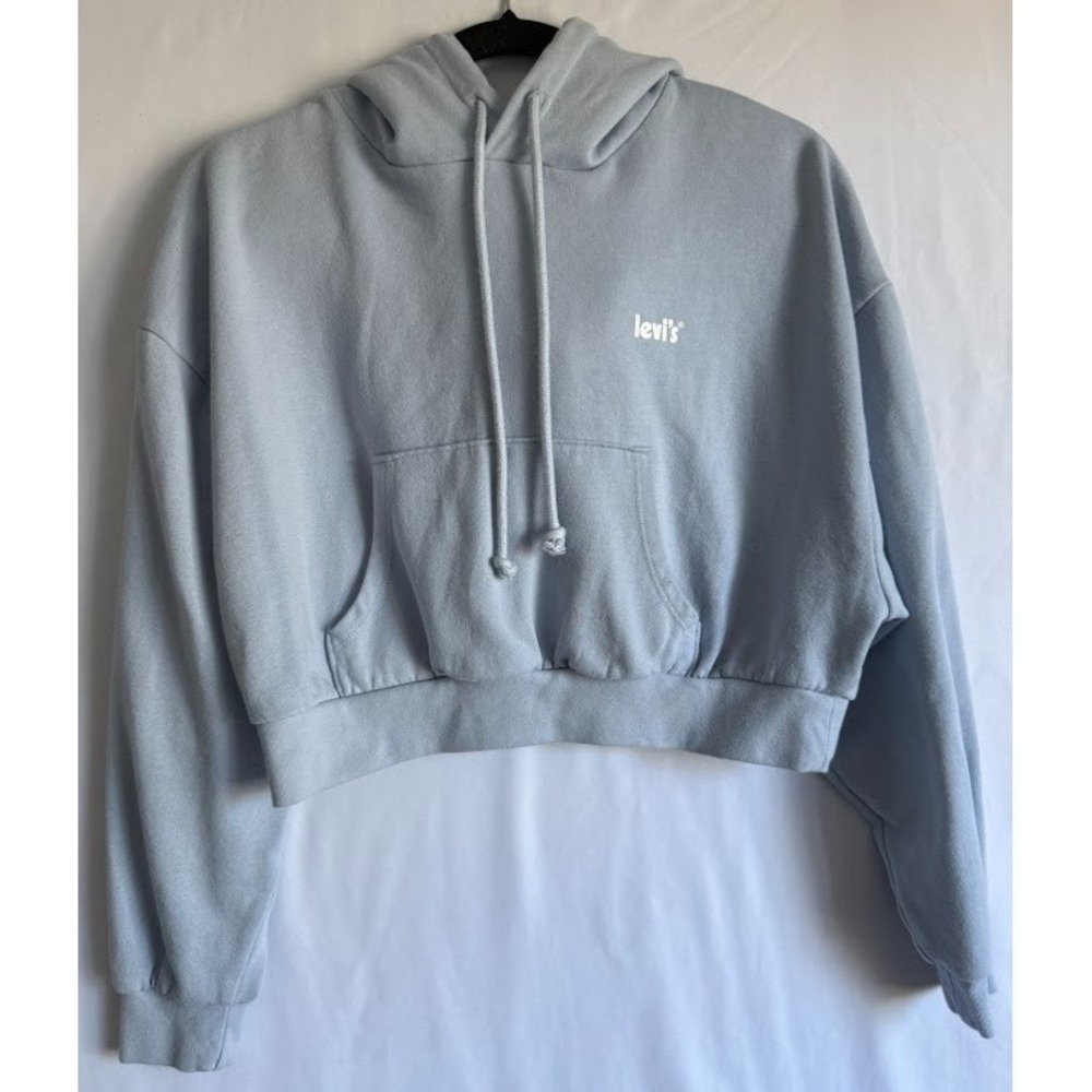 Levis Hoodie Cropped Women Size M Blue Fleece Pullover Logo Kangaroo Pocket‎